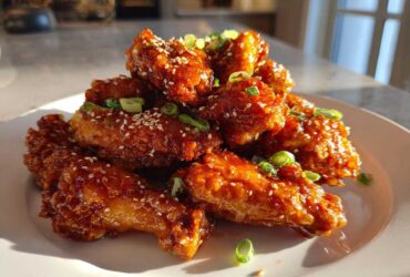 A pile of glistening Sticky Orange Chicken Wings with Honey Glaze, garnished with sesame seeds and green onions.