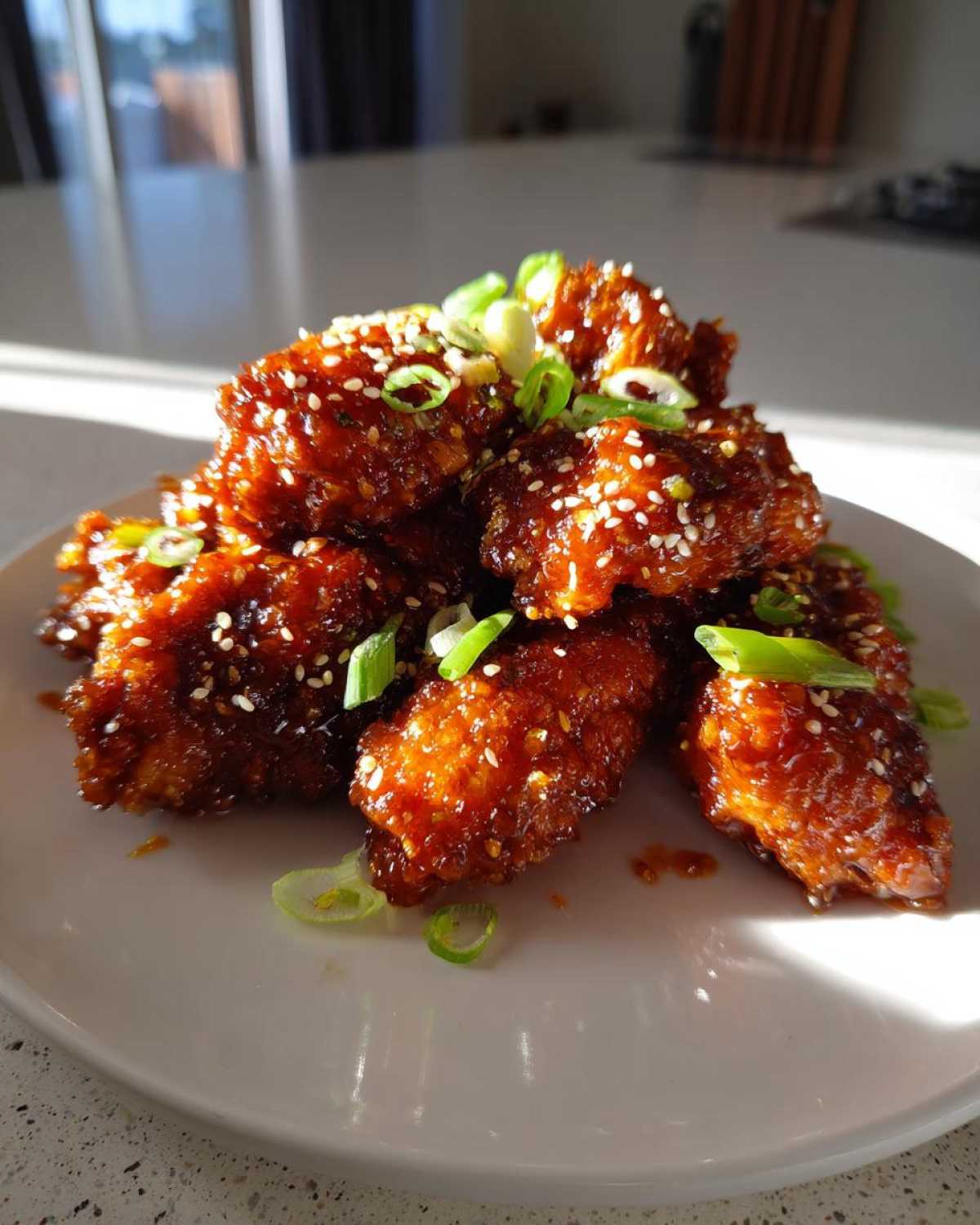 A pile of Sticky Orange Chicken Wings with Honey Glaze, coated in a dark, glossy sauce and sprinkled with sesame seeds and green onions.