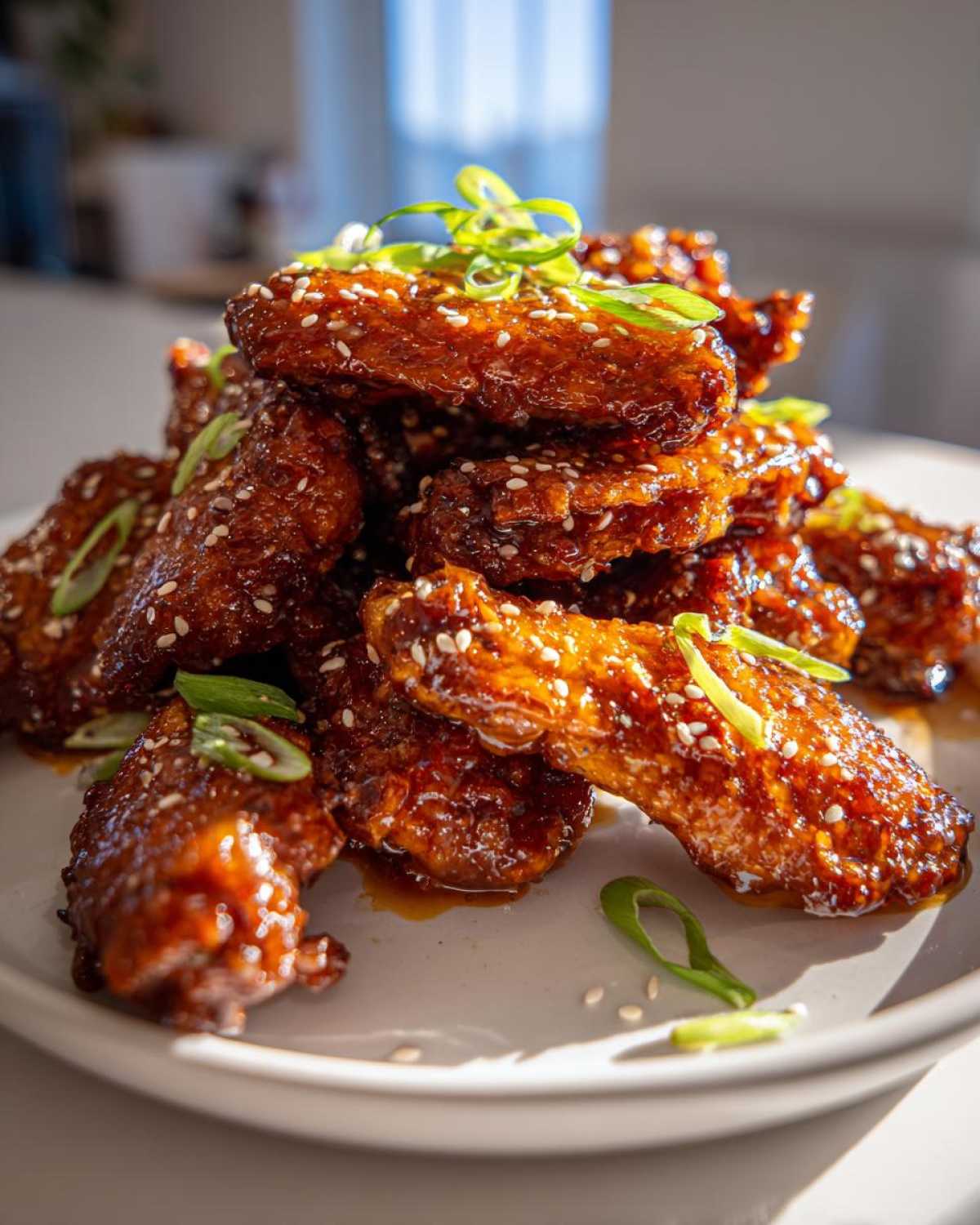 A pile of Sticky Orange Chicken Wings with Honey Glaze, coated in a shiny sauce and sprinkled with sesame seeds and green onions.