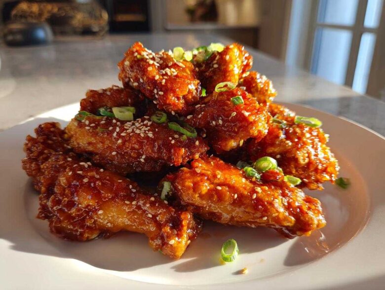 A pile of glistening Sticky Orange Chicken Wings with Honey Glaze, garnished with sesame seeds and green onions.