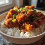 A close-up of a Sticky Sweet Chili Chicken Bowl with Rice, topped with sesame seeds and green onions.