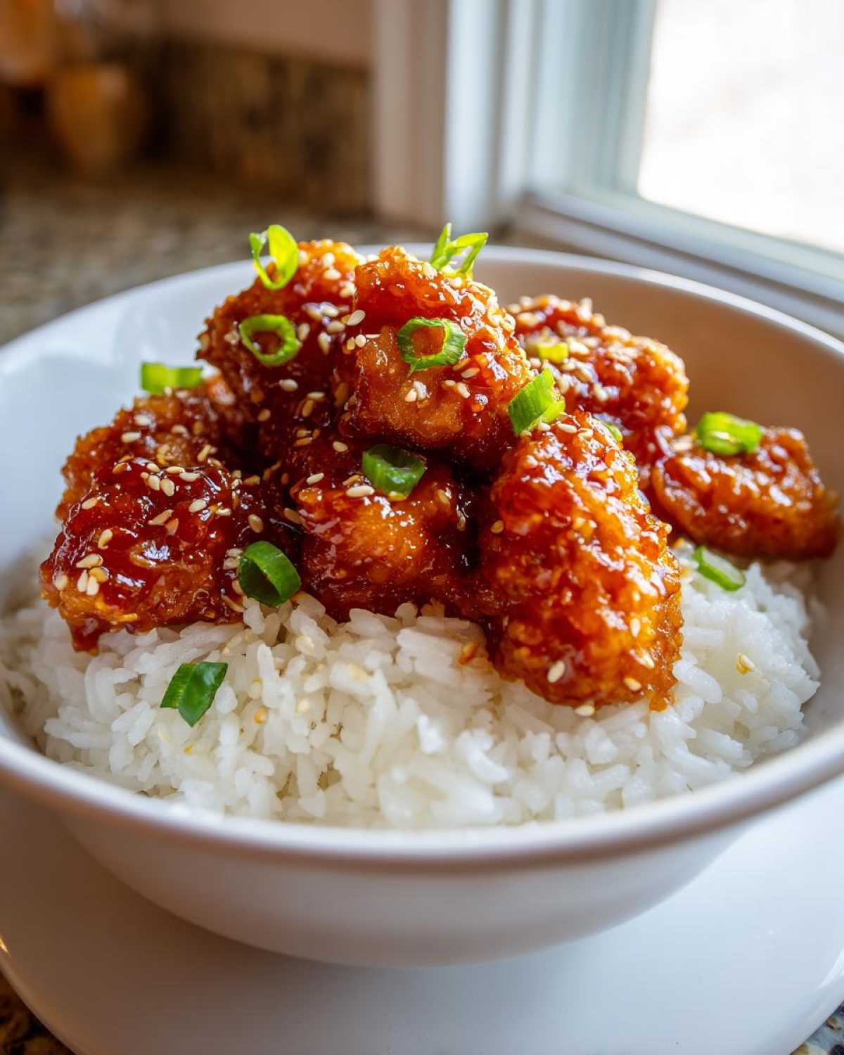 Close-up of a Sticky Sweet Chili Chicken Bowl with Rice, topped with sesame seeds and green onions.