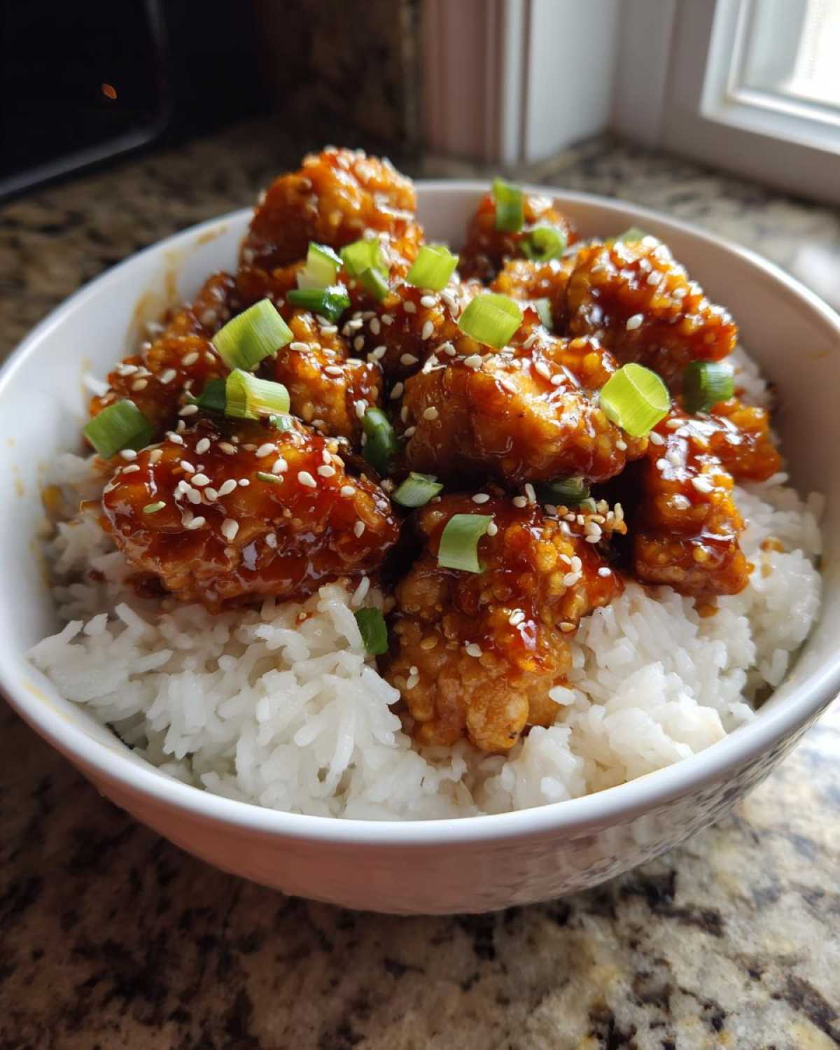 A close-up of a Sticky Sweet Chili Chicken Bowl with rice, topped with sesame seeds and green onions.
