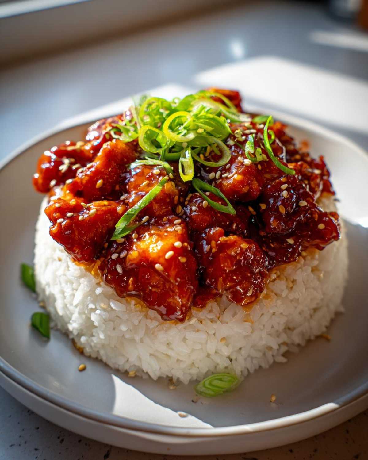 A perfect serving of Sticky Sweet Chili Chicken Bowl with Rice, topped with sesame seeds and green onions.