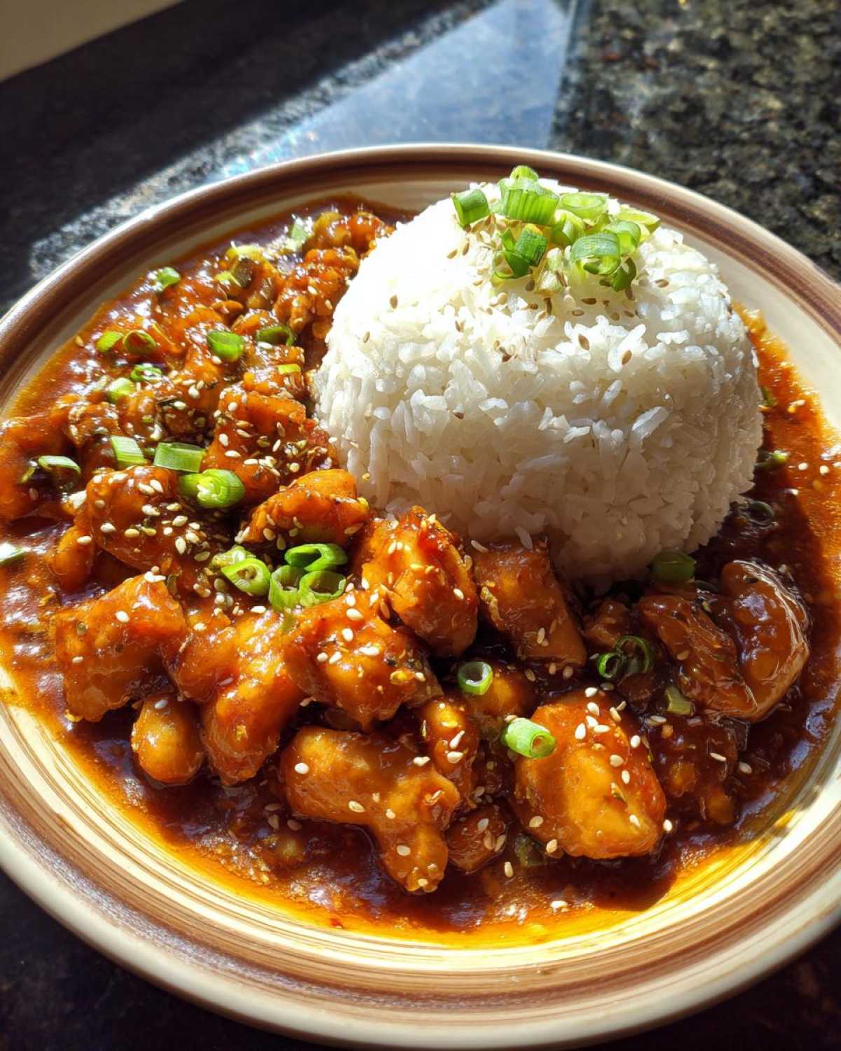 A close-up of a Sticky Sweet Chili Chicken Bowl with Rice, featuring glazed chicken pieces and a mound of white rice.