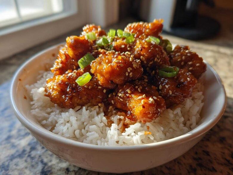 A close-up of a Sticky Sweet Chili Chicken Bowl with Rice, topped with sesame seeds and green onions.