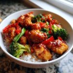 A close-up of a white bowl filled with Sticky Sweet Chili Chicken Bowl with Veggies served over white rice.