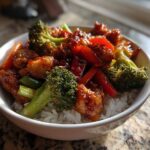 A close-up of a Sticky Sweet Chili Chicken Bowl featuring glazed chicken pieces, bright broccoli florets, and red peppers over fluffy white rice.