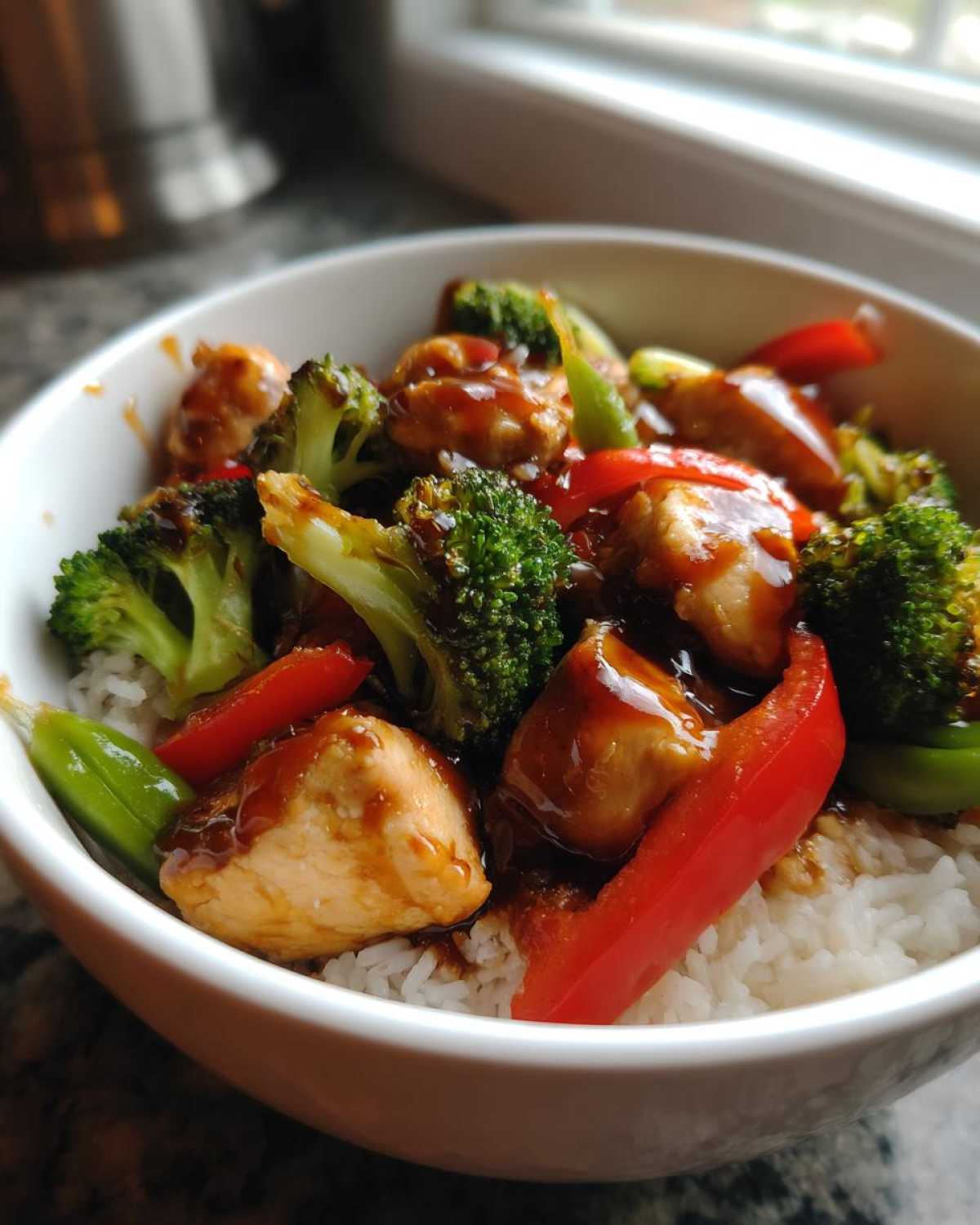 Close-up of a Sticky Sweet Chili Chicken Bowl with rice, broccoli florets, and bright red pepper slices coated in sauce.
