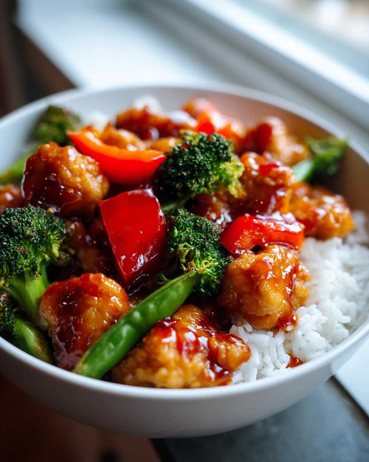 Close-up of a Sticky Sweet Chili Chicken Bowl featuring crispy chicken pieces, broccoli, red peppers, and snap peas over white rice.