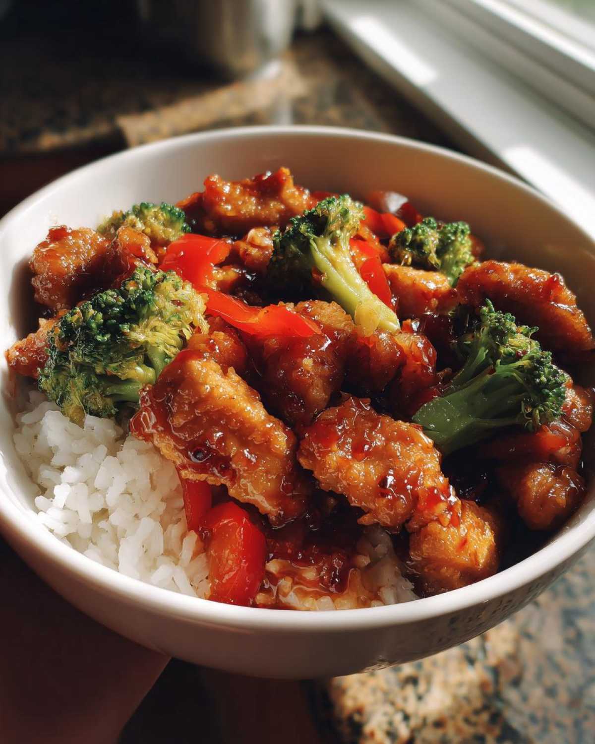 A close-up of a Sticky Sweet Chili Chicken Bowl with crispy chicken, bright green broccoli, and red peppers over white rice.