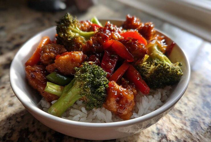 A close-up of a Sticky Sweet Chili Chicken Bowl featuring glazed chicken pieces, bright broccoli florets, and red peppers over fluffy white rice.