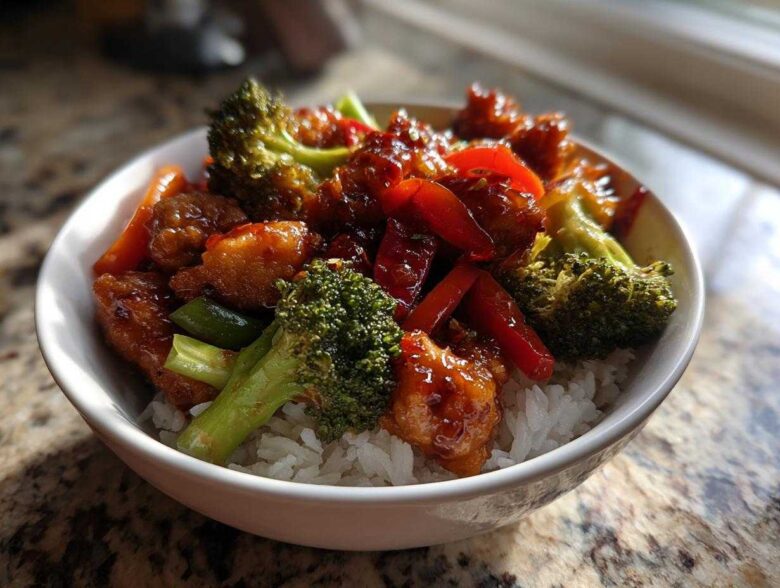 A close-up of a Sticky Sweet Chili Chicken Bowl featuring glazed chicken pieces, bright broccoli florets, and red peppers over fluffy white rice.