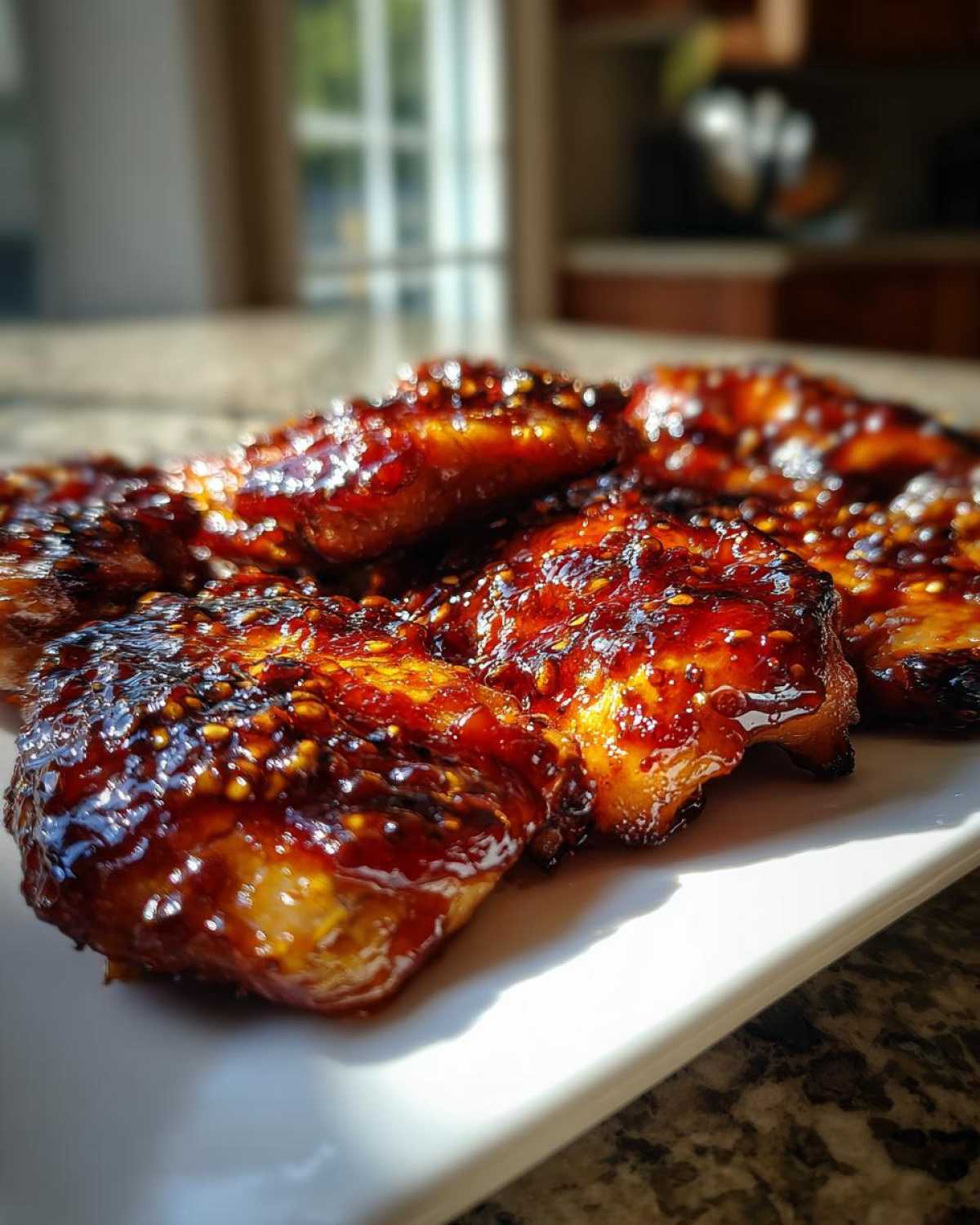 Close-up of glistening Sticky Sweet Chili Chicken Easy Recipe pieces coated in a dark, shiny glaze and sesame seeds.