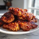 A close-up stack of crispy chicken pieces coated in a glossy, dark red Sticky Sweet Chili Chicken Easy Recipe glaze.