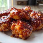 Close-up of several pieces of Sticky Sweet Chili Chicken Easy Recipe coated in a thick, glossy, dark red glaze.