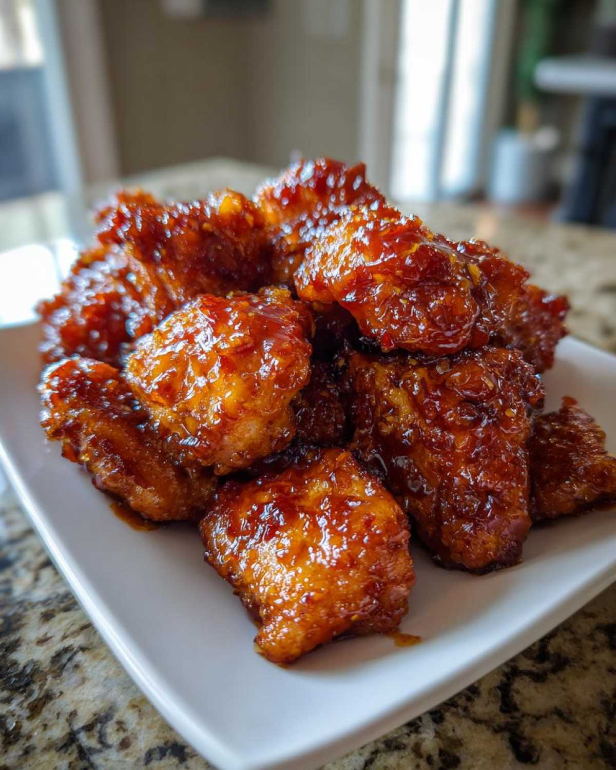 Close-up of crispy chicken pieces coated in a thick, glossy sauce for Sticky Sweet Chili Chicken Easy Recipe.
