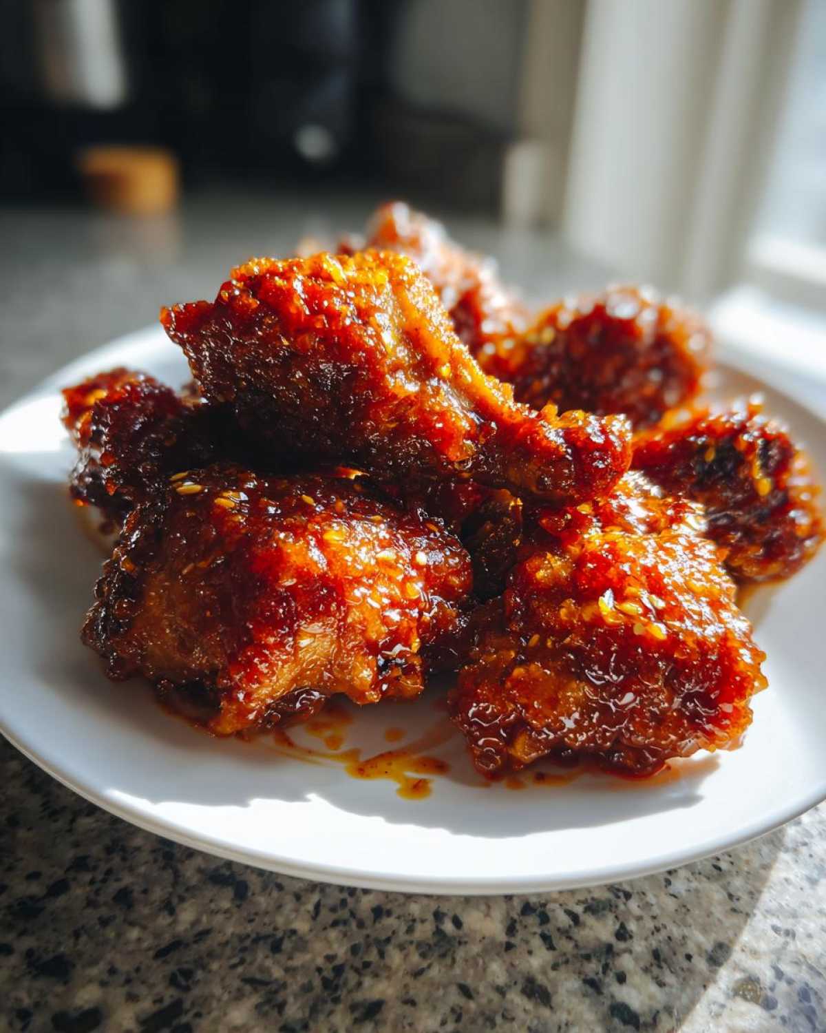 Close-up of crispy chicken pieces coated in a thick, glossy sauce for Sticky Sweet Chili Chicken Easy Recipe.