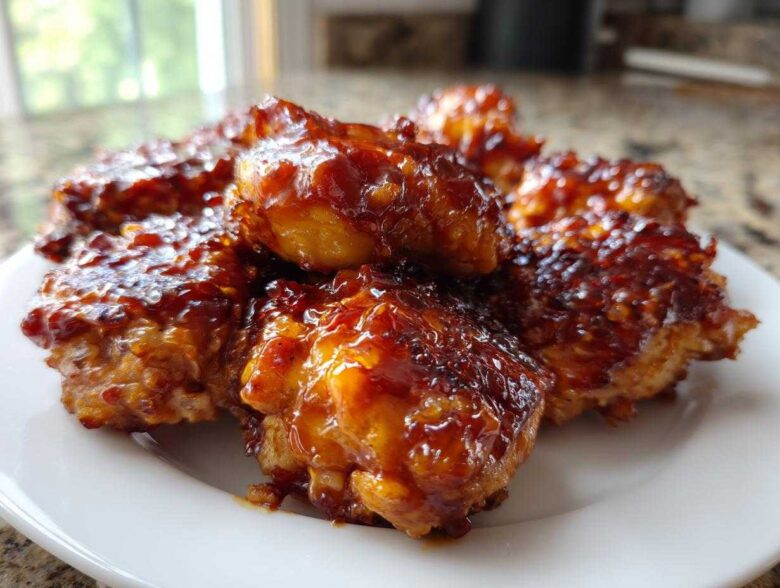 Close-up of several pieces of Sticky Sweet Chili Chicken Easy Recipe coated in a thick, glossy, dark red glaze.