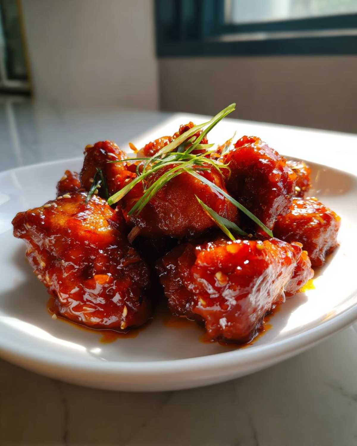 Close-up of glossy, saucy pieces of Sticky Sweet Chili Chicken Easy Recipe garnished with green onions.