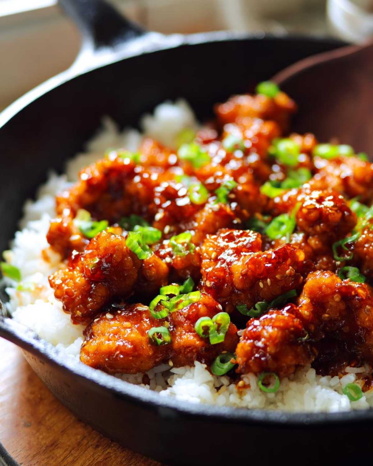 Close-up of Sticky Sweet Chili Chicken Skillet pieces coated in glaze, served over white rice and topped with green onions.