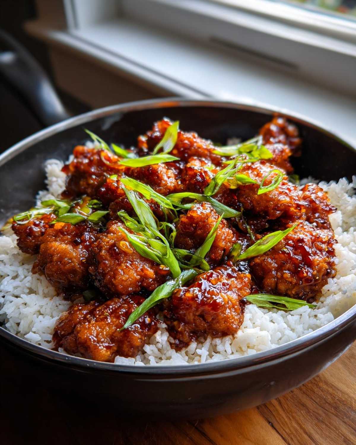 Close-up of Sticky Sweet Chili Chicken Skillet pieces coated in glaze, served over white rice and topped with sliced green onions in a dark skillet.