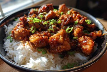 Close-up of Sticky Sweet Chili Chicken Skillet pieces coated in sauce served over white rice and garnished with green onions.
