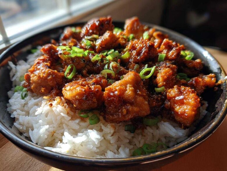 Close-up of Sticky Sweet Chili Chicken Skillet pieces coated in sauce served over white rice and garnished with green onions.