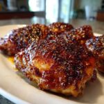 Close-up of glistening Sticky Sweet Chili Chicken Thighs Oven Baked, coated in a thick, dark red glaze and spices.