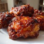 Close-up of several Sticky Sweet Chili Chicken Thighs Oven Baked pieces on a white plate, glistening with glaze.