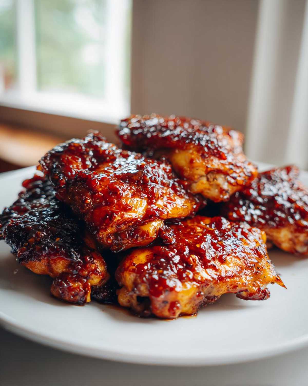 A close-up of oven baked Sticky Sweet Chili Chicken Thighs piled high on a white plate, glistening with sauce.