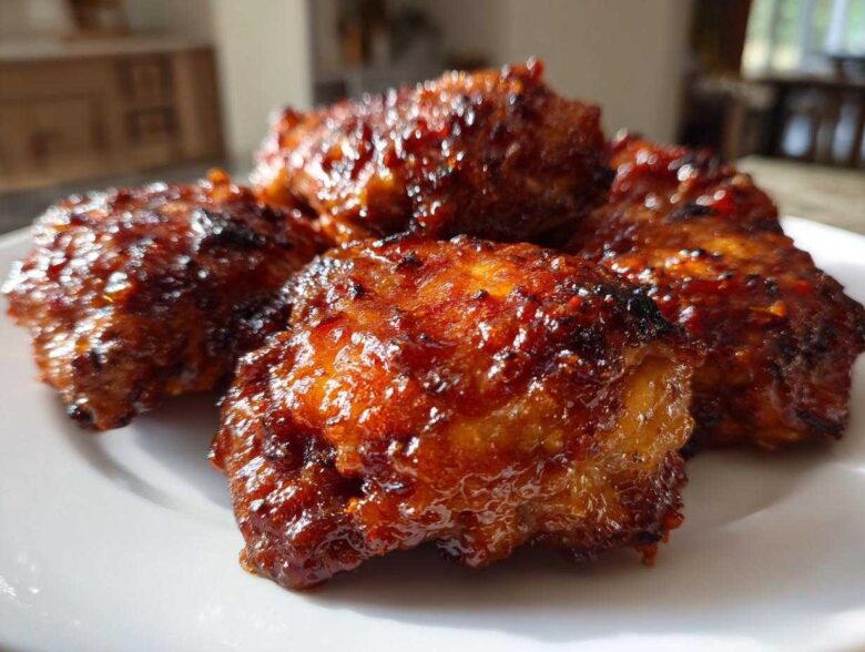 Close-up of several Sticky Sweet Chili Chicken Thighs Oven Baked pieces on a white plate, glistening with glaze.