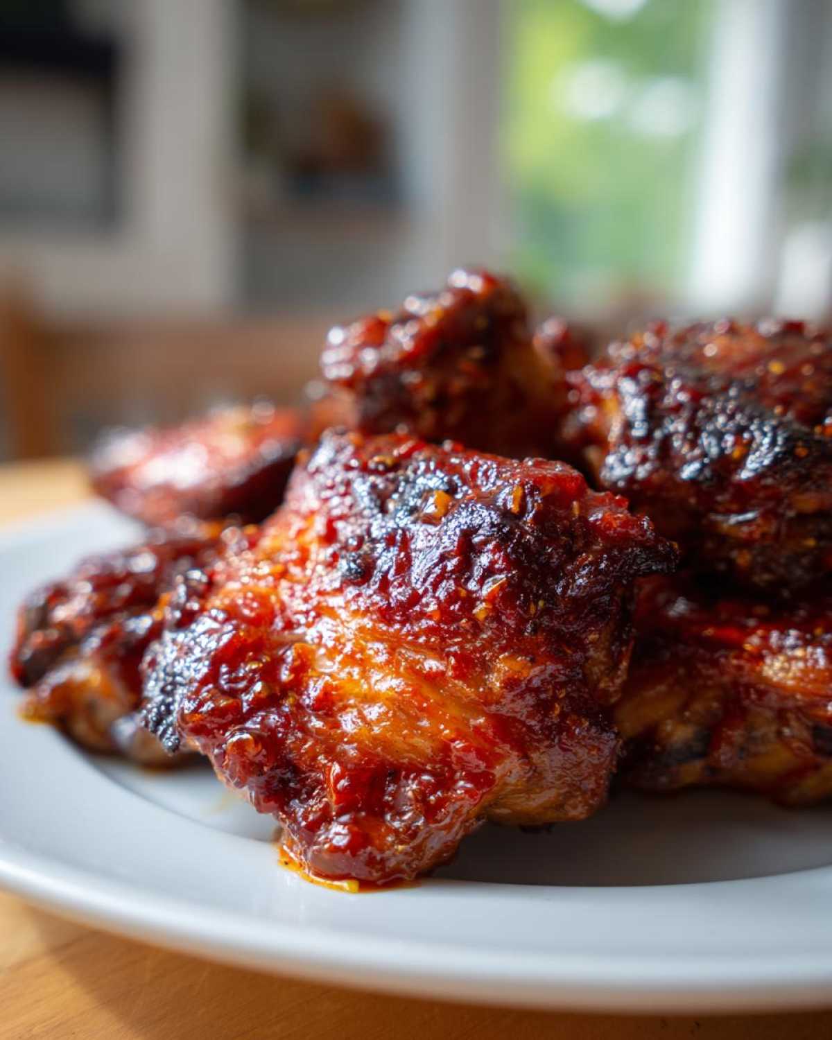 Close-up of glossy, caramelized Sticky Sweet Chili Chicken Thighs Oven Baked served on a white plate.