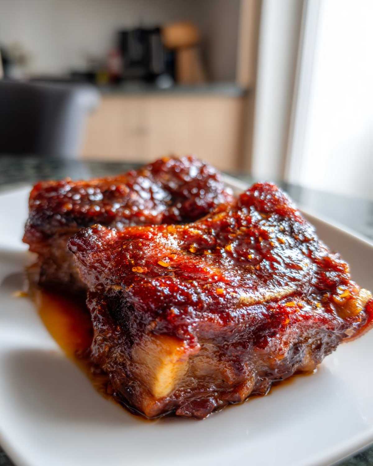 Two pieces of baked chicken thighs coated in a thick, glossy, dark red sticky sweet chili glaze.