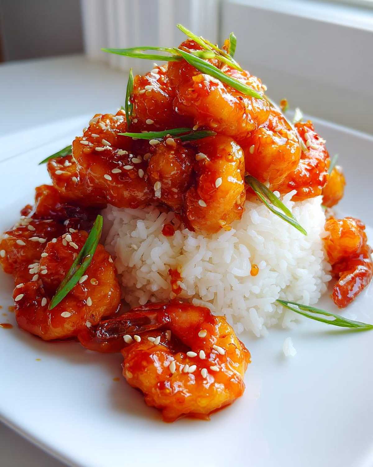 A mound of white rice topped with saucy Sticky Sweet Chili Shrimp, garnished with sesame seeds and green onions.