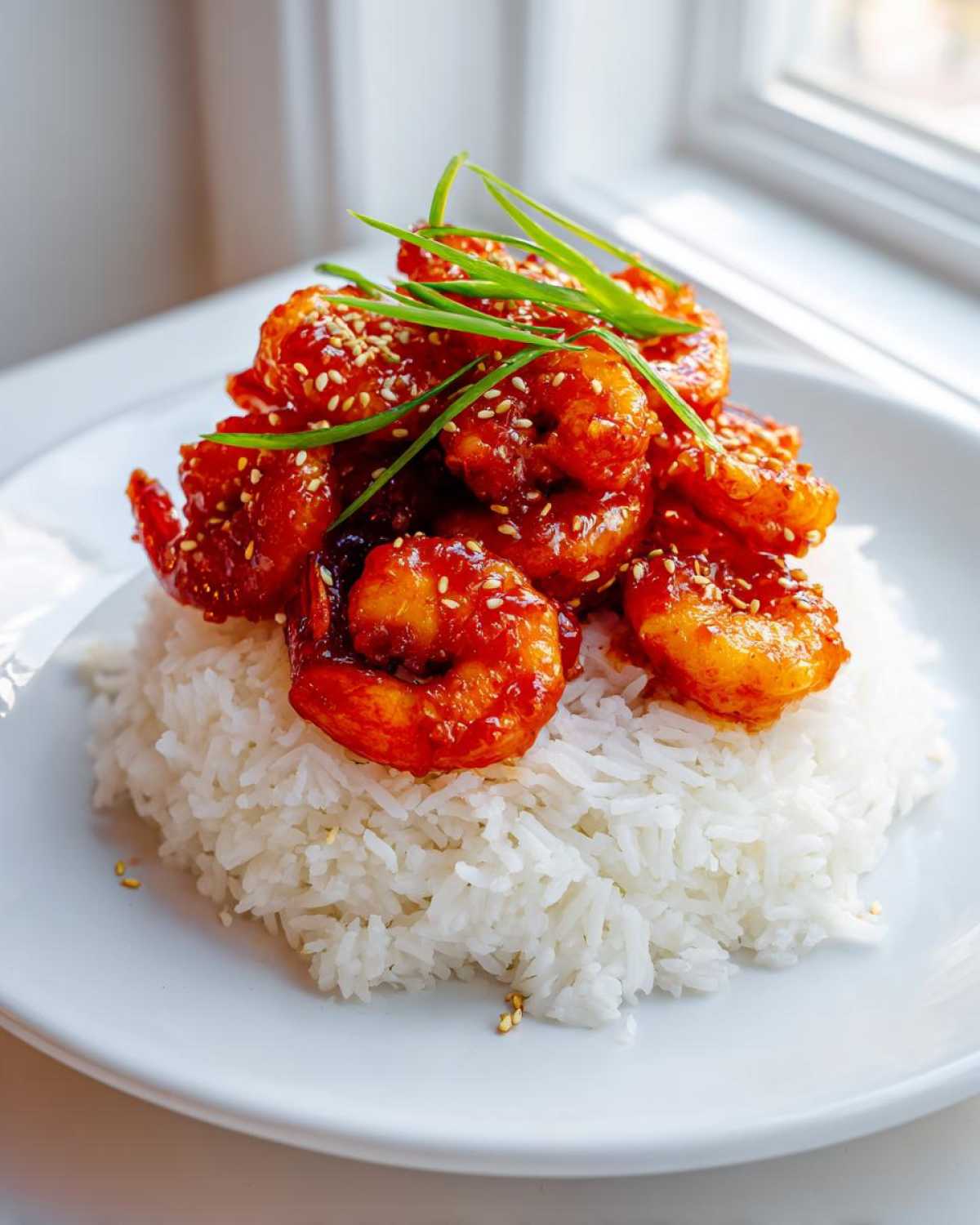 A mound of white rice topped with glossy Sticky Sweet Chili Shrimp, garnished with sesame seeds and green onions.