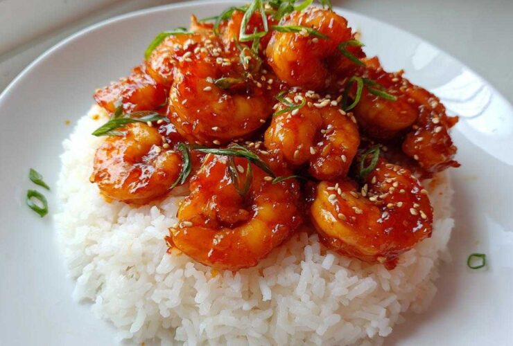 Plump shrimp coated in a glossy, orange-red sauce piled high on a bed of fluffy white rice, garnished with sesame seeds and green onions, showcasing Sticky Sweet Chili Shrimp.