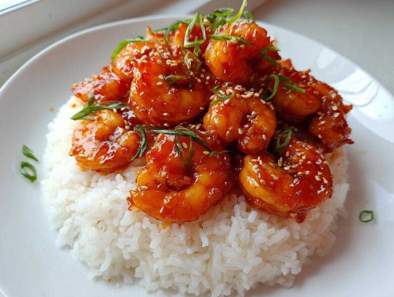 Plump shrimp coated in a glossy, orange-red sauce piled high on a bed of fluffy white rice, garnished with sesame seeds and green onions, showcasing Sticky Sweet Chili Shrimp.