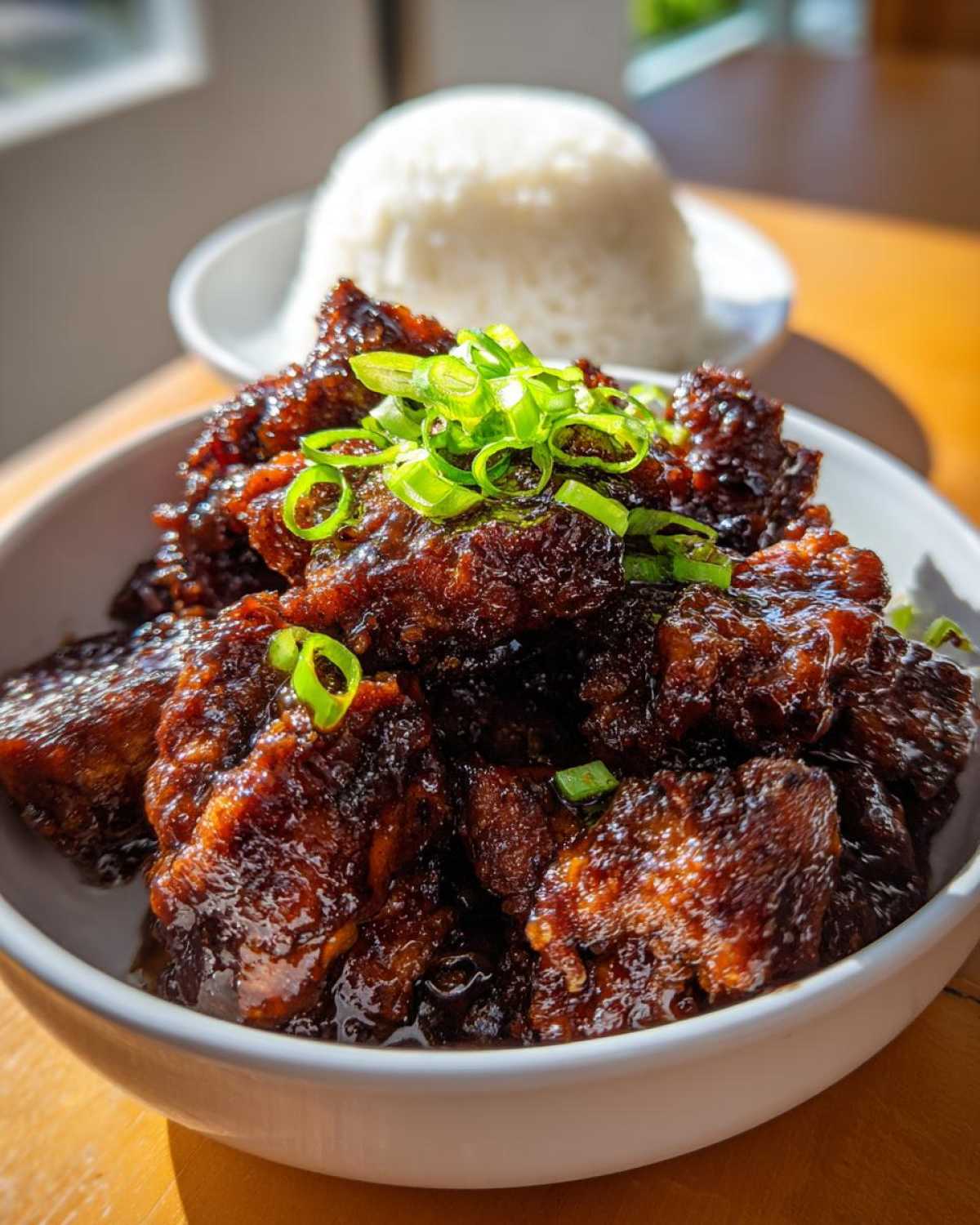 Close-up of Sticky Teriyaki Chicken pieces coated in dark glaze, topped with green onions, with white rice in the background.