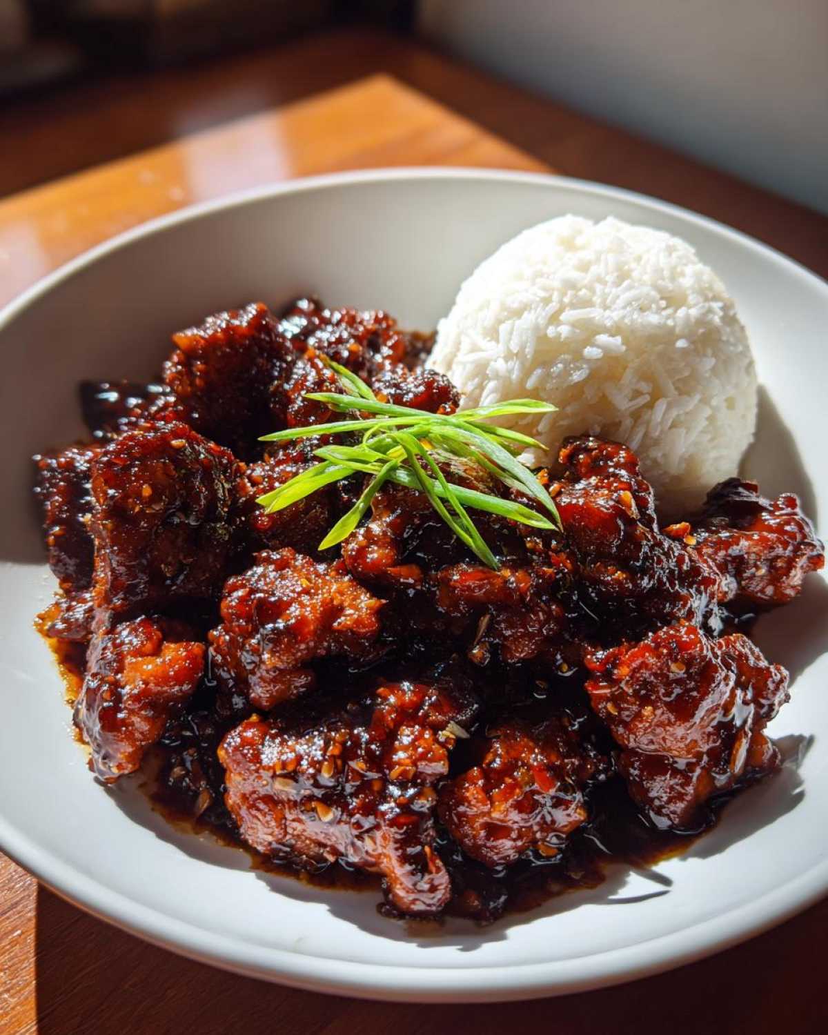 Close-up of Sticky Teriyaki Chicken coated in a dark, glossy sauce, served next to a mound of white rice and garnished with green onions.