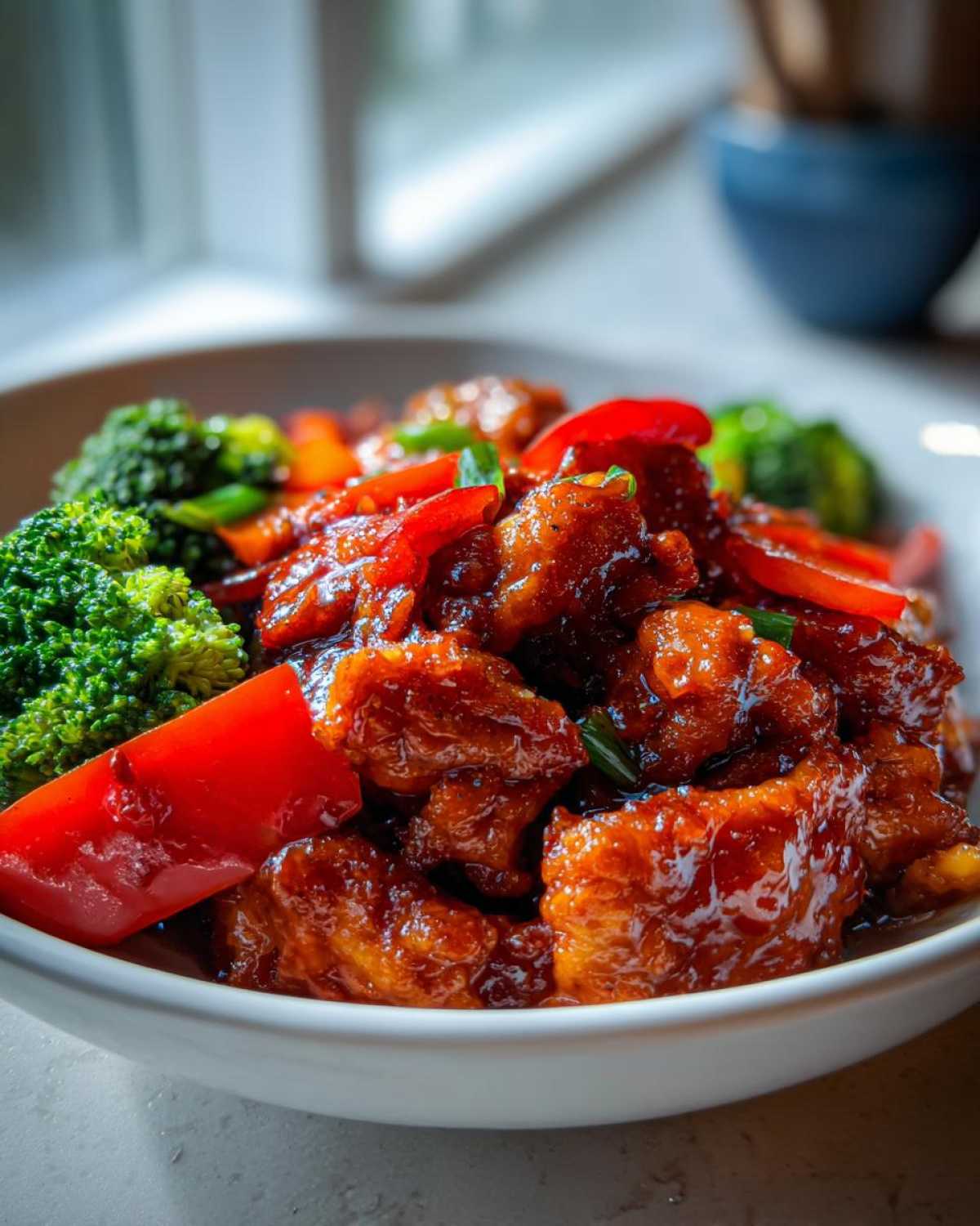 Close-up of a white bowl filled with Sticky Teriyaki Chicken Stir Fry Quick Meal, featuring glossy chicken pieces, bright red peppers, and green broccoli.