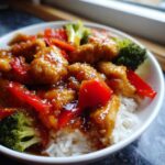 Close-up of Sticky Teriyaki Chicken Stir Fry Quick Meal served over white rice with red peppers and broccoli.