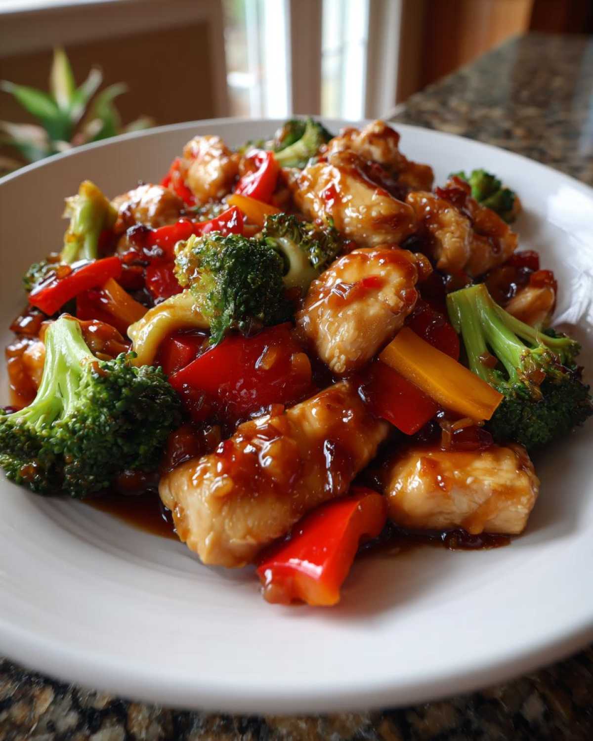 Close-up of tender chicken pieces coated in glossy teriyaki sauce with bright broccoli and red bell peppers in a Sticky Teriyaki Chicken Stir Fry Quick Meal.
