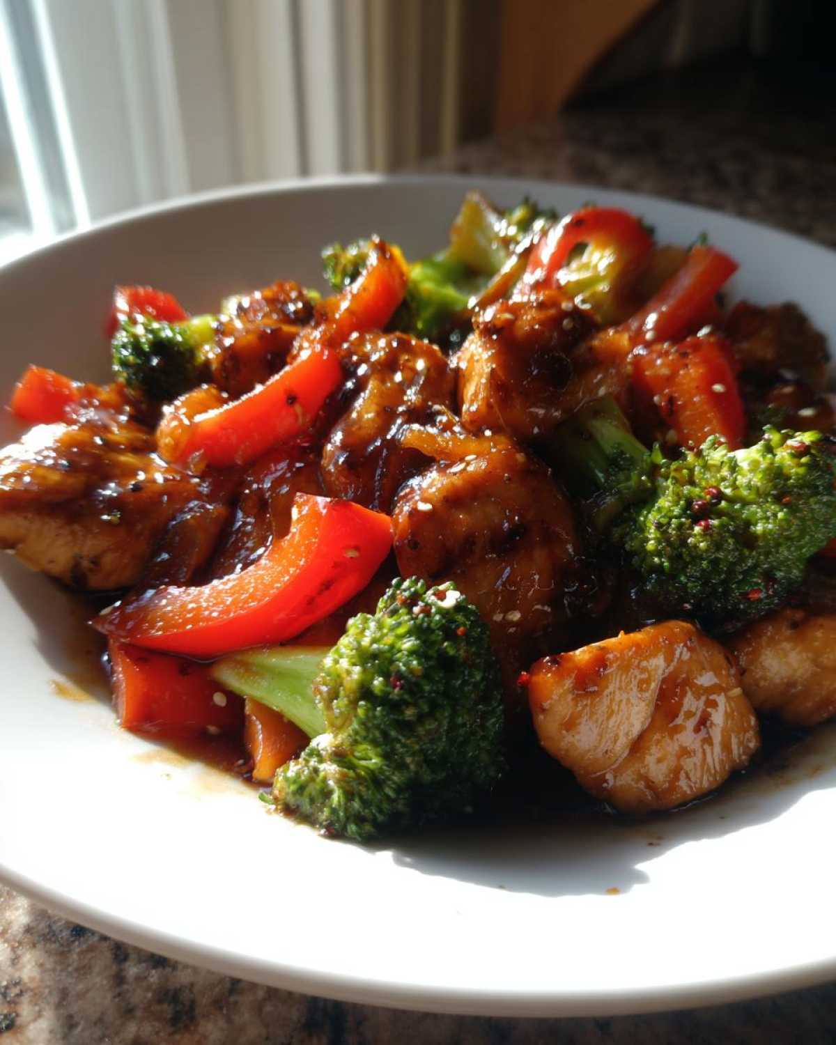 Close-up of a white bowl filled with Sticky Teriyaki Chicken Stir Fry Quick Meal featuring glossy chicken pieces, bright red peppers, and green broccoli florets.