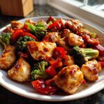 Close-up of a white plate filled with Sticky Teriyaki Chicken Stir Fry Quick Meal featuring glazed chicken, bright red peppers, and green broccoli florets.