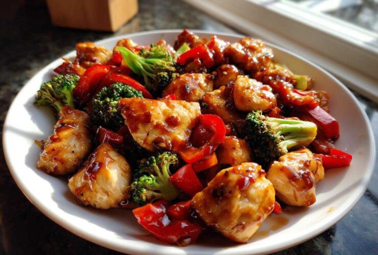 Close-up of a white plate filled with Sticky Teriyaki Chicken Stir Fry Quick Meal featuring glazed chicken, bright red peppers, and green broccoli florets.