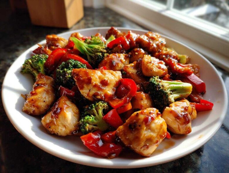 Close-up of a white plate filled with Sticky Teriyaki Chicken Stir Fry Quick Meal featuring glazed chicken, bright red peppers, and green broccoli florets.