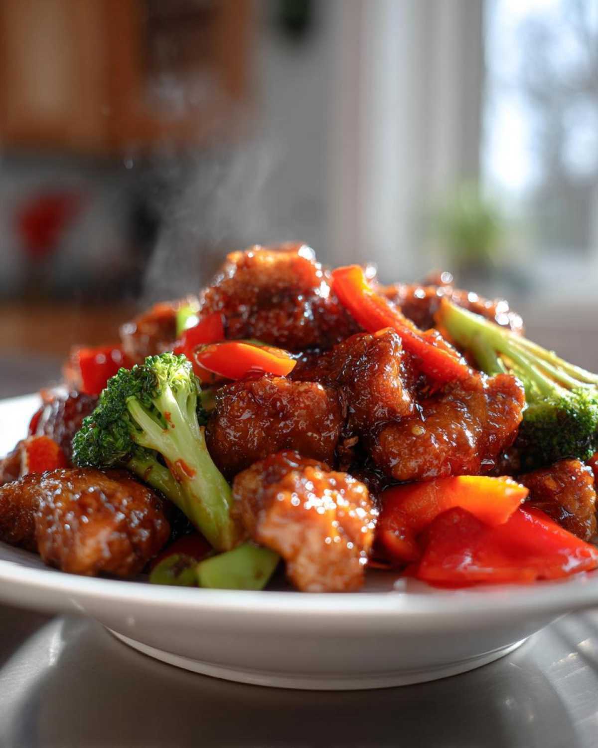 Close-up of steaming Sticky Teriyaki Chicken Stir Fry Quick Meal with broccoli and red peppers.