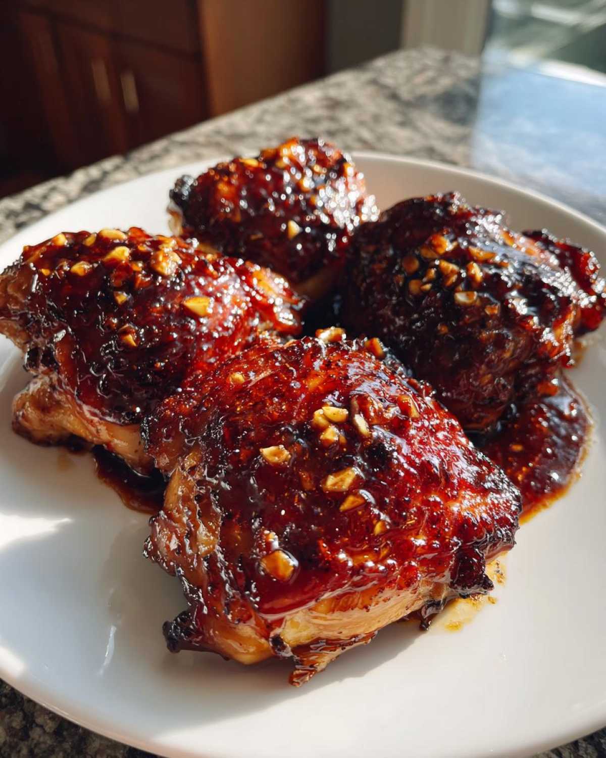 Four pieces of Sticky Teriyaki Chicken Thighs coated in a thick, glossy sauce and sprinkled with chopped nuts.
