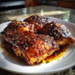 Four pieces of glazed Sticky Teriyaki Chicken Thighs with Garlic, glistening under bright light on a white plate.